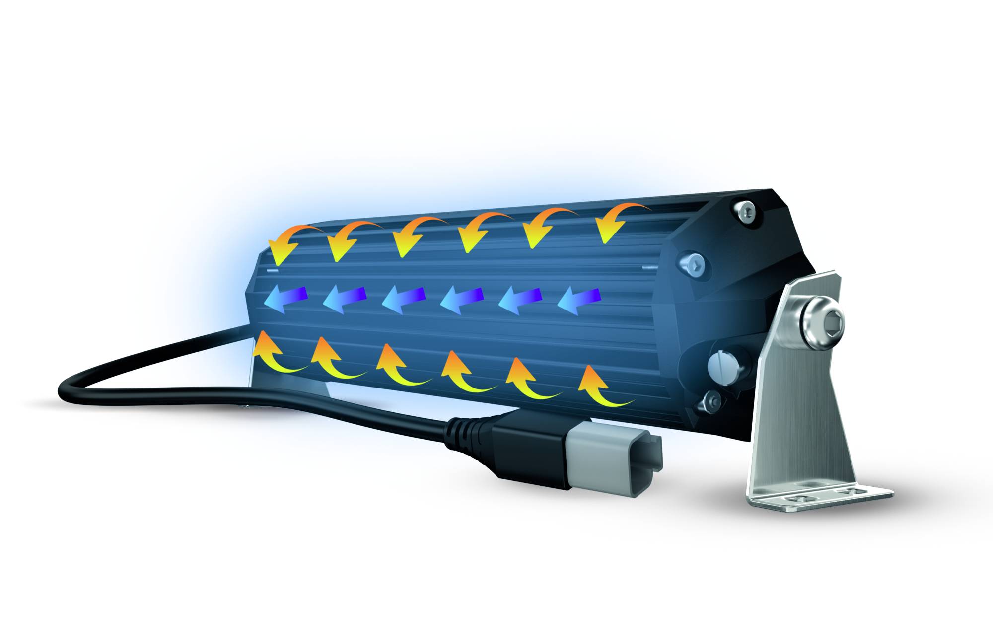 LED-Leuchte mit Kabel zeigt Luftströmung durch gekrümmte Pfeile an. Pfeile deuten auf Kühlung oder Lüftung hin.