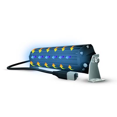 LED-Leuchte mit Kabel zeigt Luftströmung durch gekrümmte Pfeile an. Pfeile deuten auf Kühlung oder Lüftung hin.