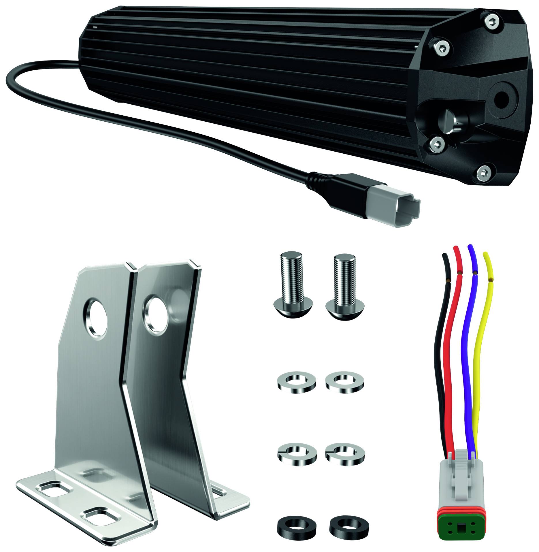 Montageset mit elektrischem Antrieb, Halterungen, Schrauben, Kabel und Stecker. Geeignet für mechanische Installationen.