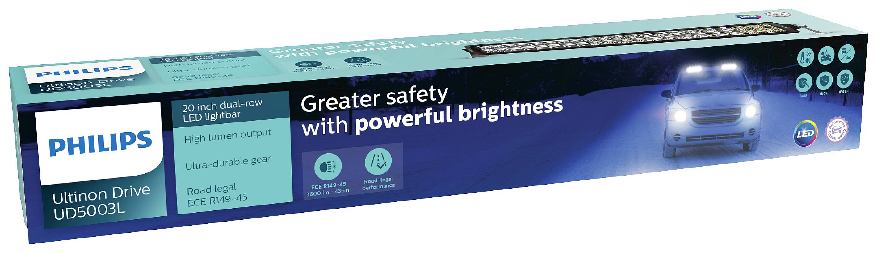 Verpackung von Philips Ultinon Drive LED-Leiste, zeigt ein Auto auf dunkler Straße; Slogan: 'Greater safety with powerful brightness'.