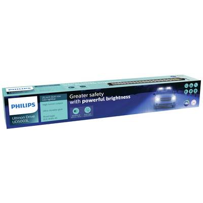 Verpackung von Philips Ultinon Drive LED-Leiste, zeigt ein Auto auf dunkler Straße; Slogan: 'Greater safety with powerful brightness'.