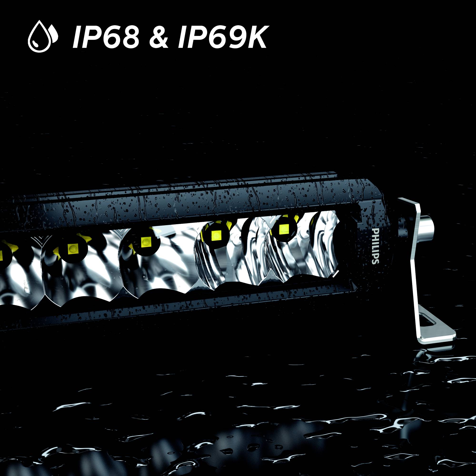 LED-Lichtleiste mit Wassertröpfchen darauf. Text 'IP68 & IP69K' zeigt hohe Schutzklasse gegen Wasser und Staub.