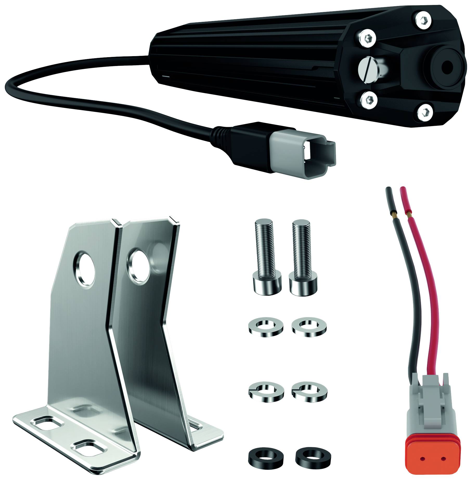 Elektrisches Zubehör-Set bestehend aus einem Kabel, Halterungen, Schrauben und Steckern. Geeignet für technische Anwendungen.