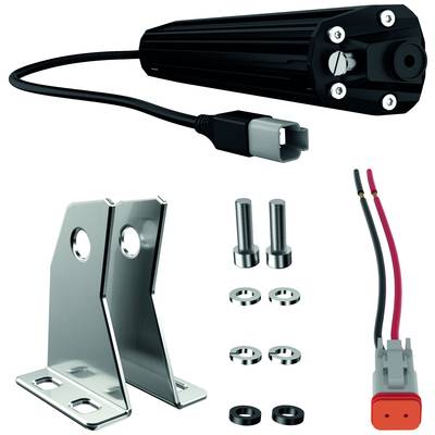 Elektrisches Zubehör-Set bestehend aus einem Kabel, Halterungen, Schrauben und Steckern. Geeignet für technische Anwendungen.