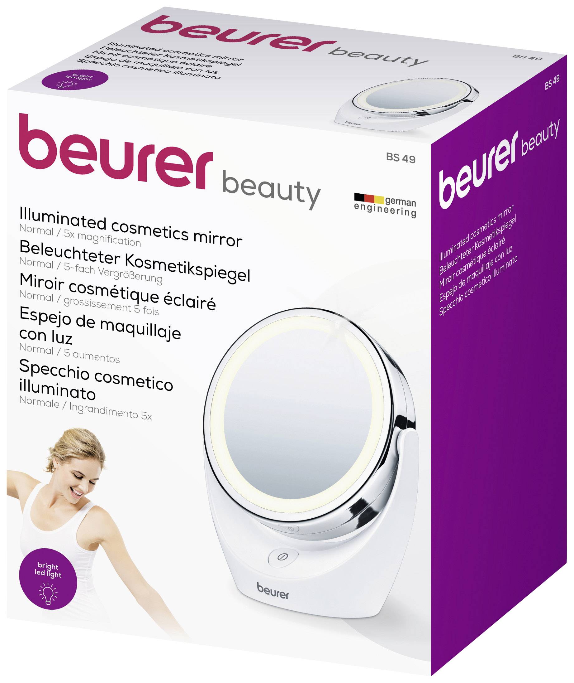Verpackung eines beleuchteten Kosmetikspiegels von Beurer, Modell BS 49, mit 5-facher Vergrößerung. Enthält Bild des Produkts.