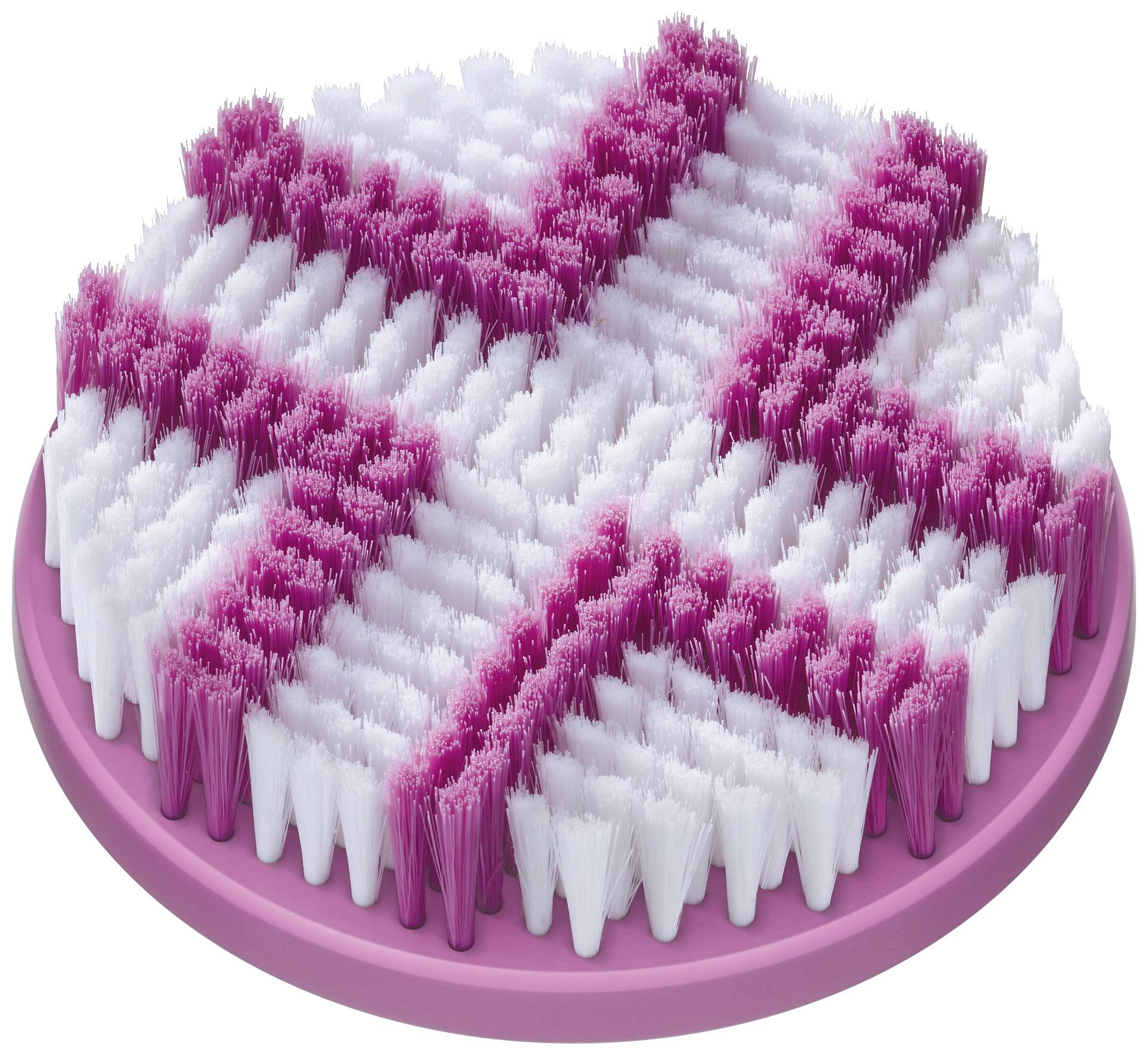 Runde, rosafarbene Bürste mit weißen und rosafarbenen Borsten in einem geometrischen Muster.