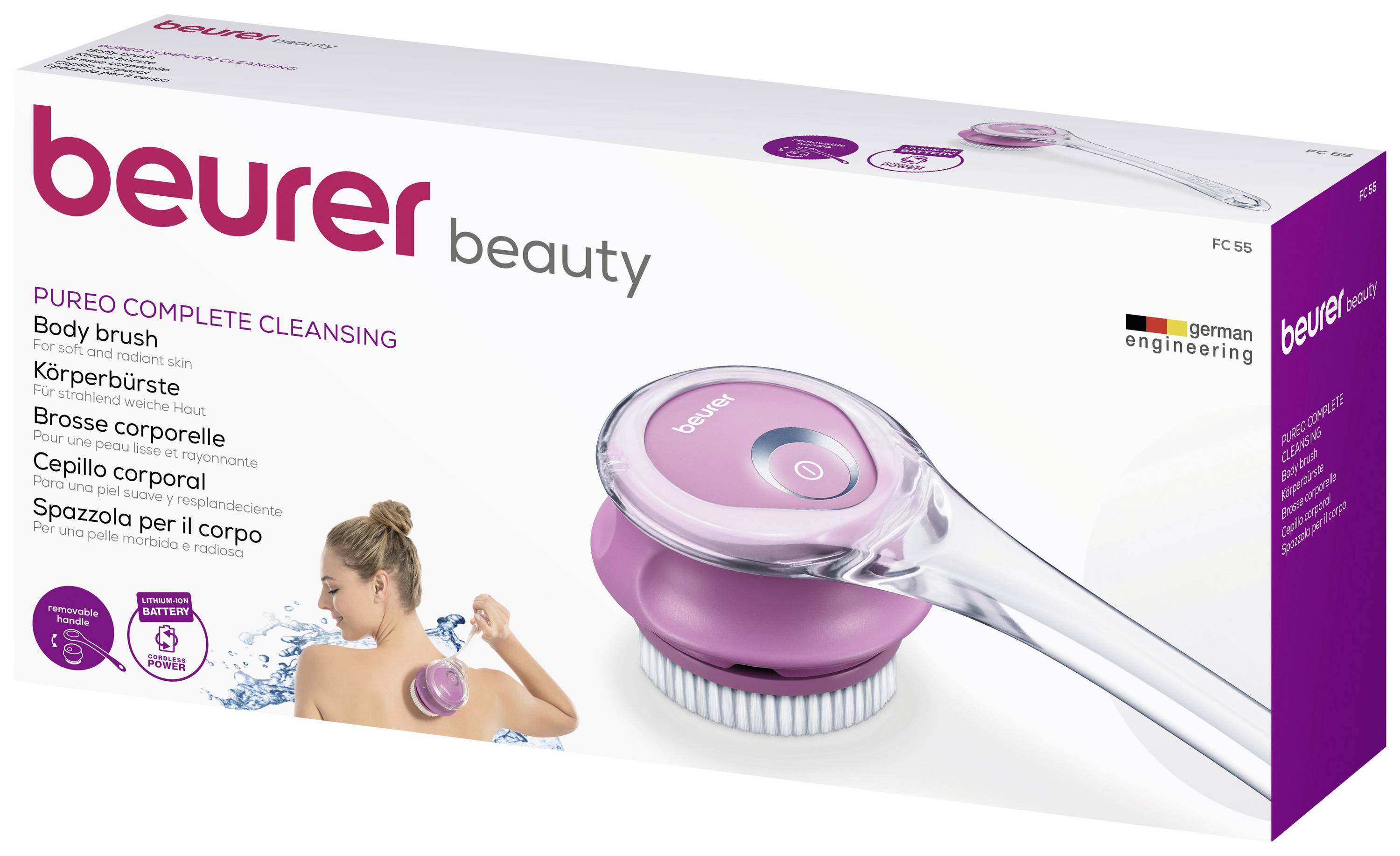 Elektrische Körperbürste 'Beurer' in rosa, Verpackung zeigt Bürste und Anwendung auf Haut, verbessert Hautreinigung und Pflege.