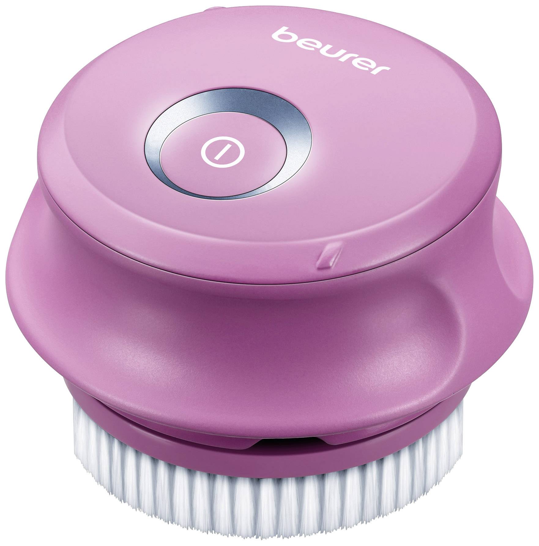 Elektrische Gesichtsreinigungsbürste in Rosa mit runden Bürsten und einem Ein-/Ausschalter oben.