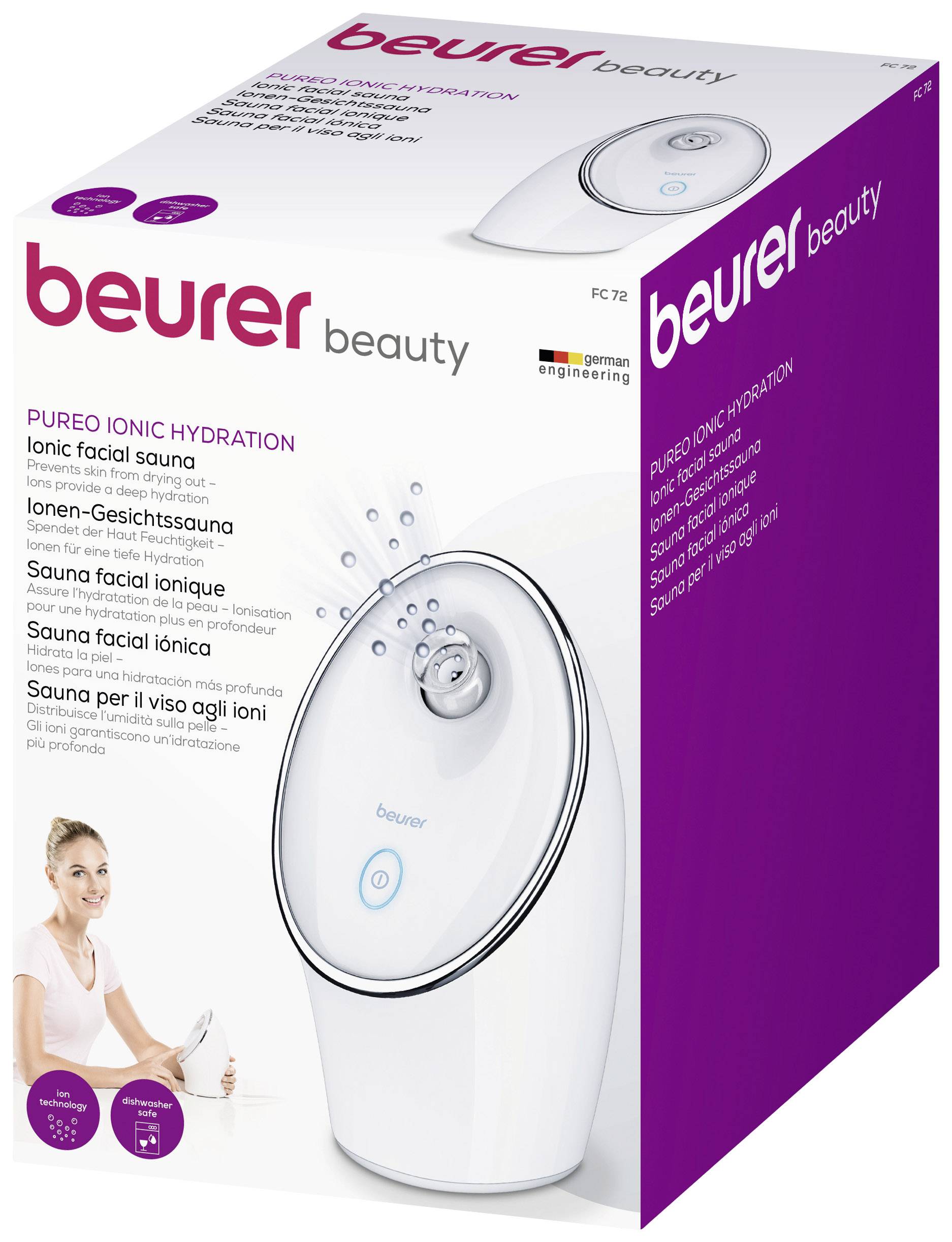 Verpackung einer Gesichtsionensauna von Beurer. Zeigt das Gerät und eine lächelnde Frau. Text beschreibt Ionentechnologie und Vorteile.