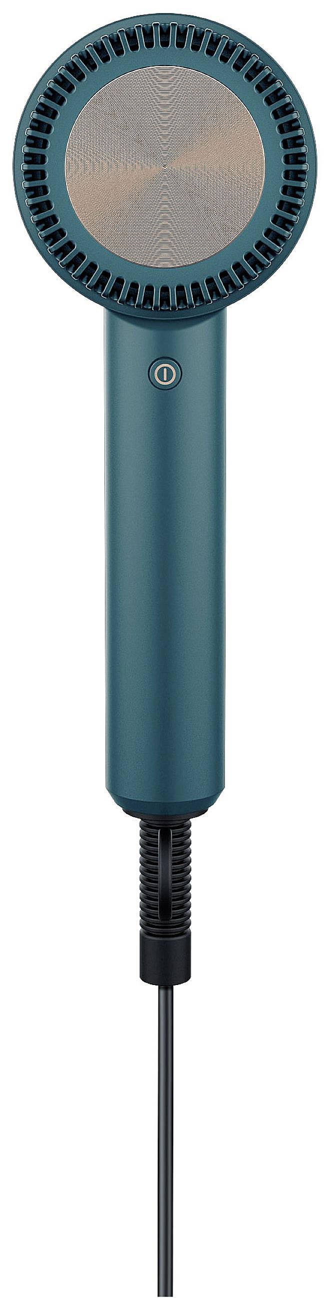 Türkisfarbener Haartrockner mit modernem Design, frontal dargestellt. Kabel unten angeschlossen.