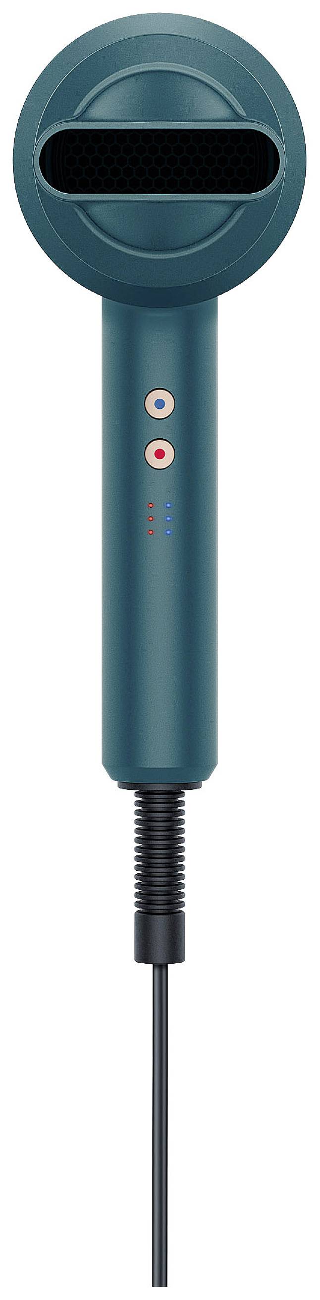 Ein moderner, grüner Haartrockner mit schwarzem Luftauslass und zwei Bedienknöpfen auf dem Griff.