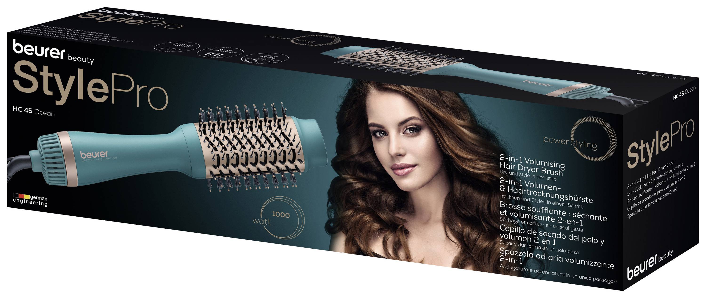 Verpackung der Beurer StylePro Haarstyling-Bürste HC 45 Ocean. Zeigt Produktbild und Werbeslogan. Hauptmerkmale in mehreren Sprachen.