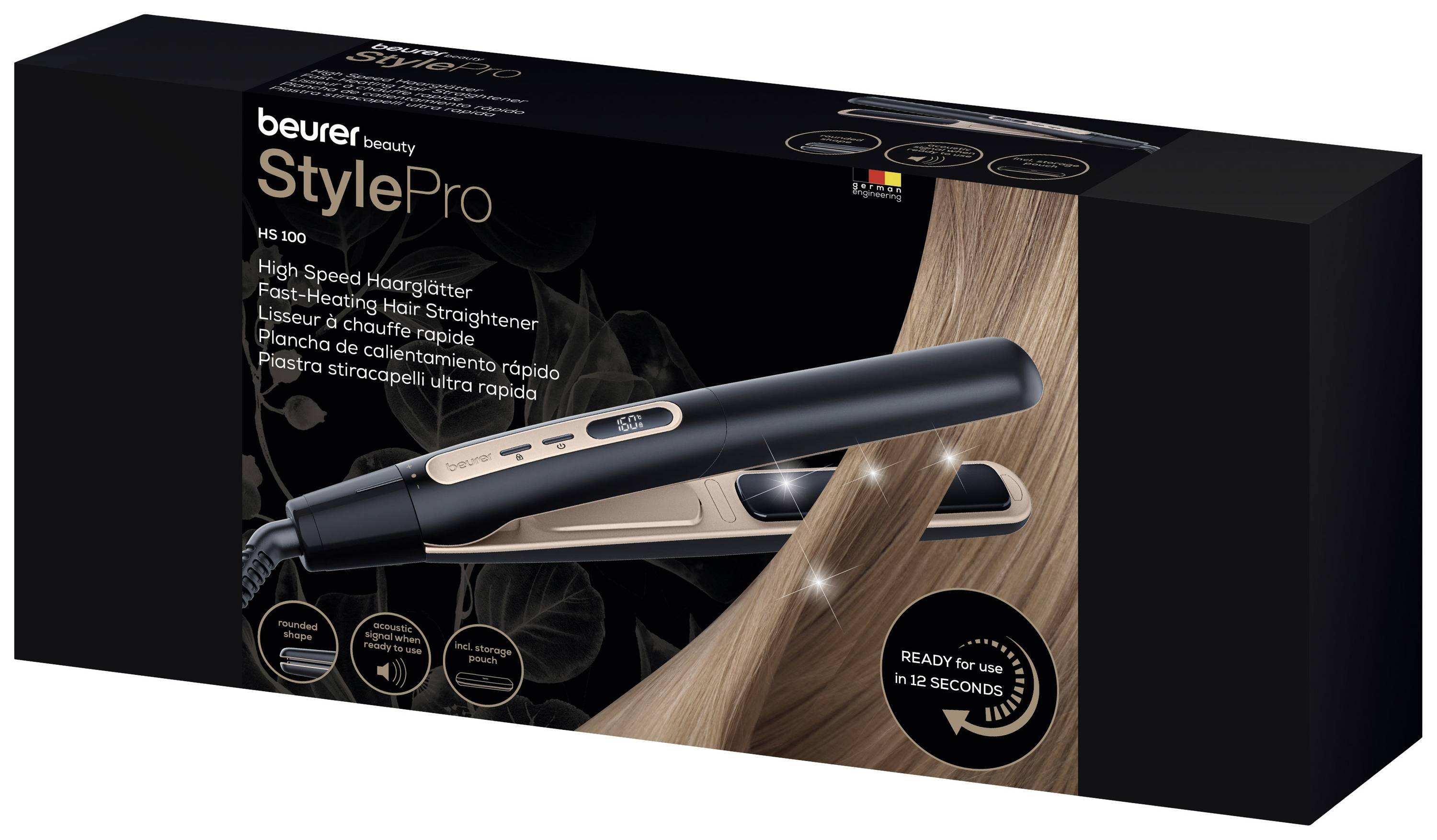 Verpackung eines beurer Haarglätters, Modell 'StylePro HS 100', zeigt das Produkt mit schnellem Aufheizen in 12 Sekunden.