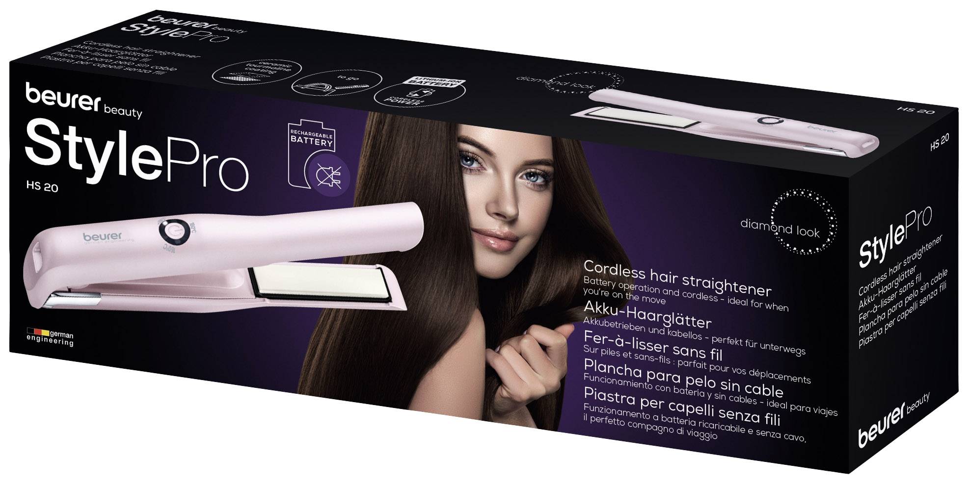 Eine Verpackung eines kabellosen Haarglätters der Marke Beurer 'StylePro HS 20' in Rosa. Abgebildet mit einer Frau und Produktsymbolen.