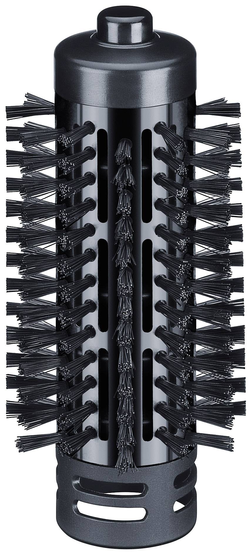 Schwarze runde Haarbürste mit Borsten, geeignet für Stylinggeräte zur Erzeugung von Volumen und Wellen in den Haaren.