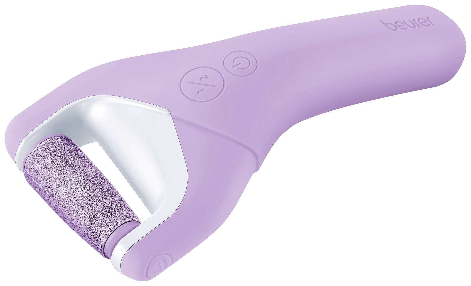 Bild eines lila elektrischen Hornhautentferners mit Schleifrolle, sichtbar sind ein Ein- und Ausschalter und die Marke.