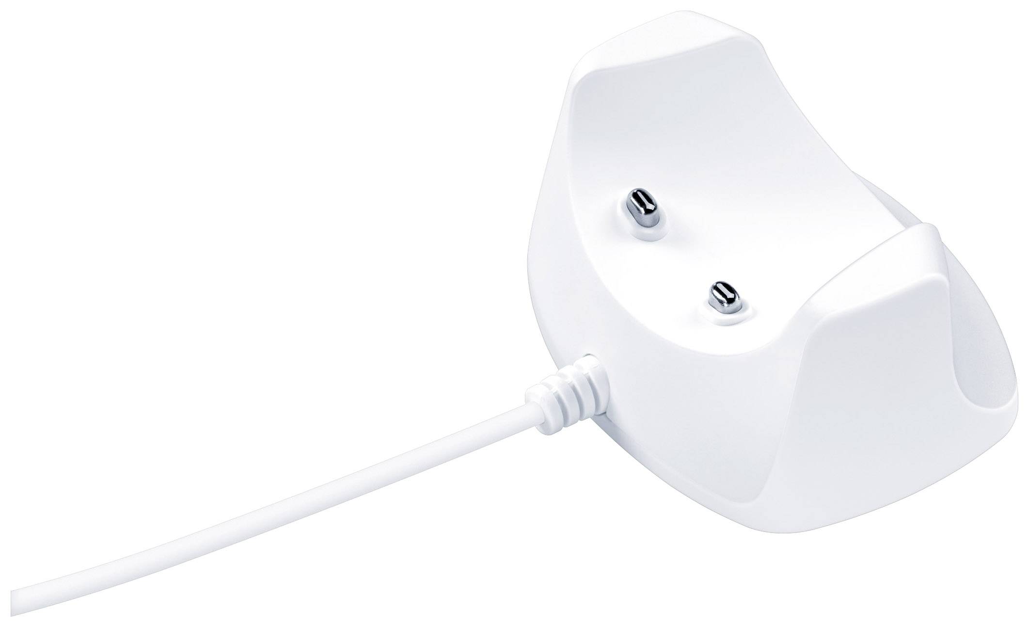 Ein weißes Ladegerät mit Kabel, geeignet zur Aufnahme elektrischer Zahnbürsten, zeigt zwei Ladepins.