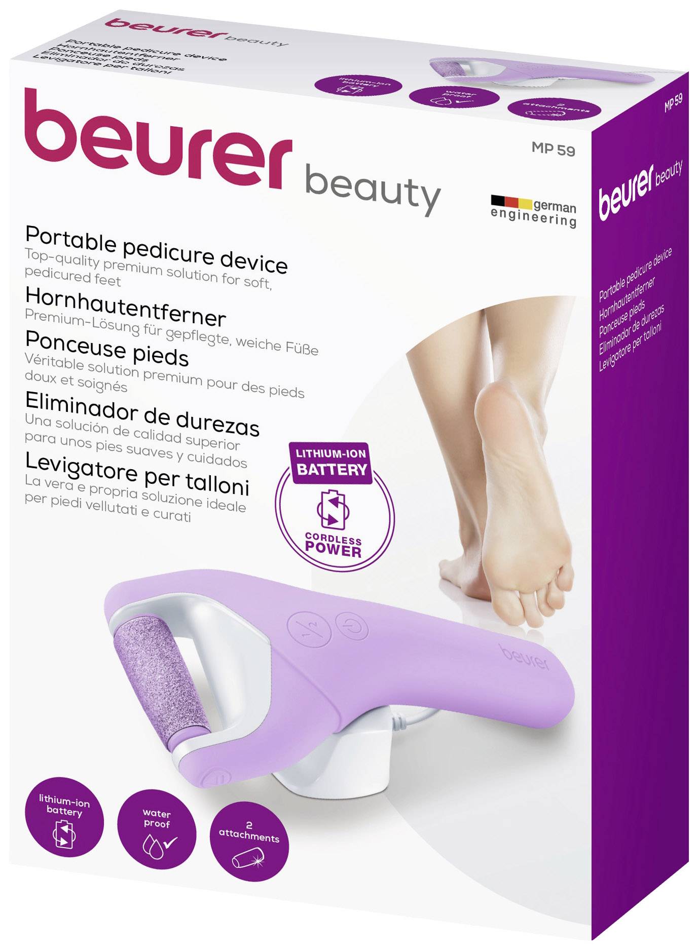 Beurer Hornhautentferner, lila Gerät im Vordergrund, zeigt Füße auf der Verpackung. Verspricht glatte, weiche Füße.