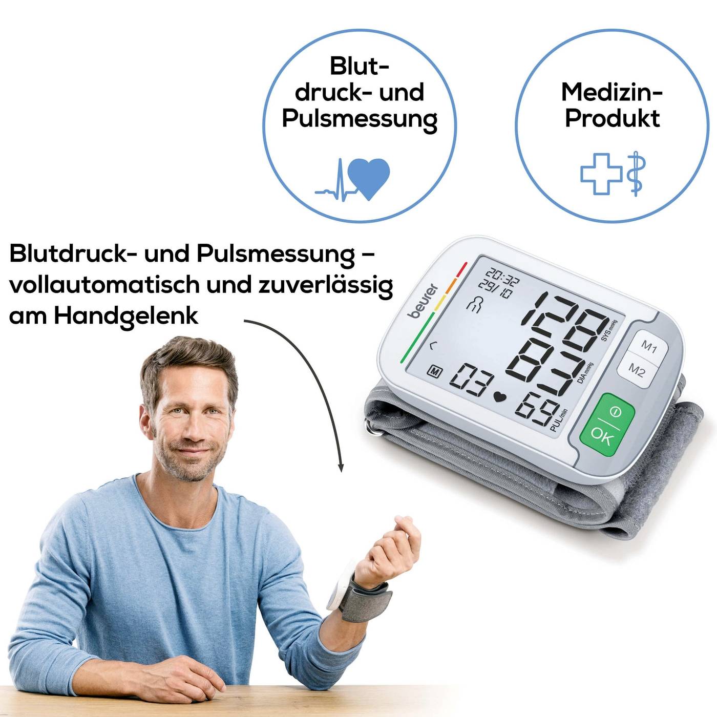 Mann misst mit einem automatischen Blutdruckmessgerät am Handgelenk. Text: 'Blutdruck- und Pulsmessung – vollautomatisch und zuverlässig am Handgelenk'. Symbole: Blutdruckmessung, Medizinprodukt.