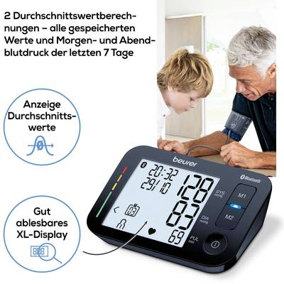 Blutdruckmessgerät mit XL-Display, zeigt Durchschnittswerte an. Älterer Mann und jüngere Person betrachten das Gerät.