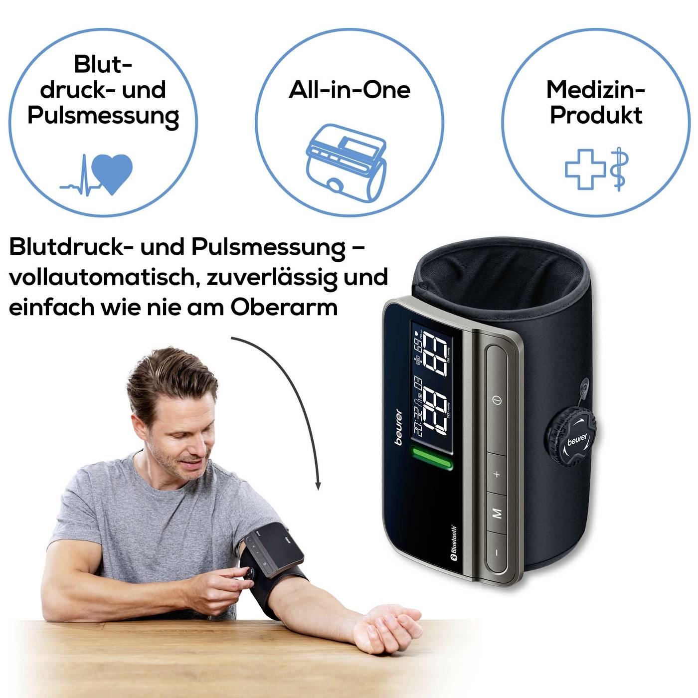 'Mann misst Blutdruck am Arm mit Gerät. Text: Blutdruck- und Pulsmessung - vollautomatisch, zuverlässig und einfach.'