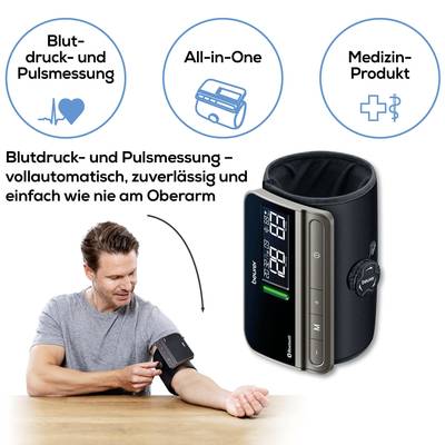 'Mann misst Blutdruck am Arm mit Gerät. Text: Blutdruck- und Pulsmessung - vollautomatisch, zuverlässig und einfach.'