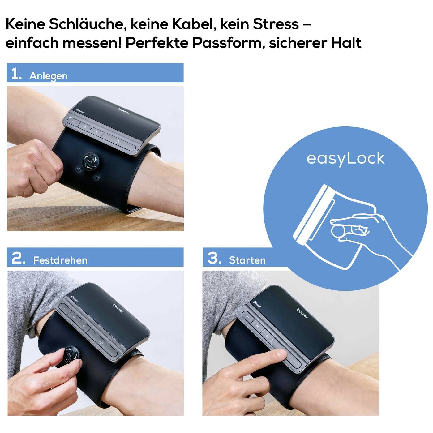 Drei Schritte zur einfachen Blutdruckmessung mit einem kabellosen Gerät: 1. Anlegen der Manschette, 2. Festdrehen, 3. Starten.