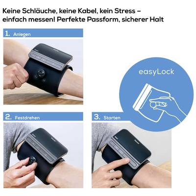 Drei Schritte zur einfachen Blutdruckmessung mit einem kabellosen Gerät: 1. Anlegen der Manschette, 2. Festdrehen, 3. Starten.