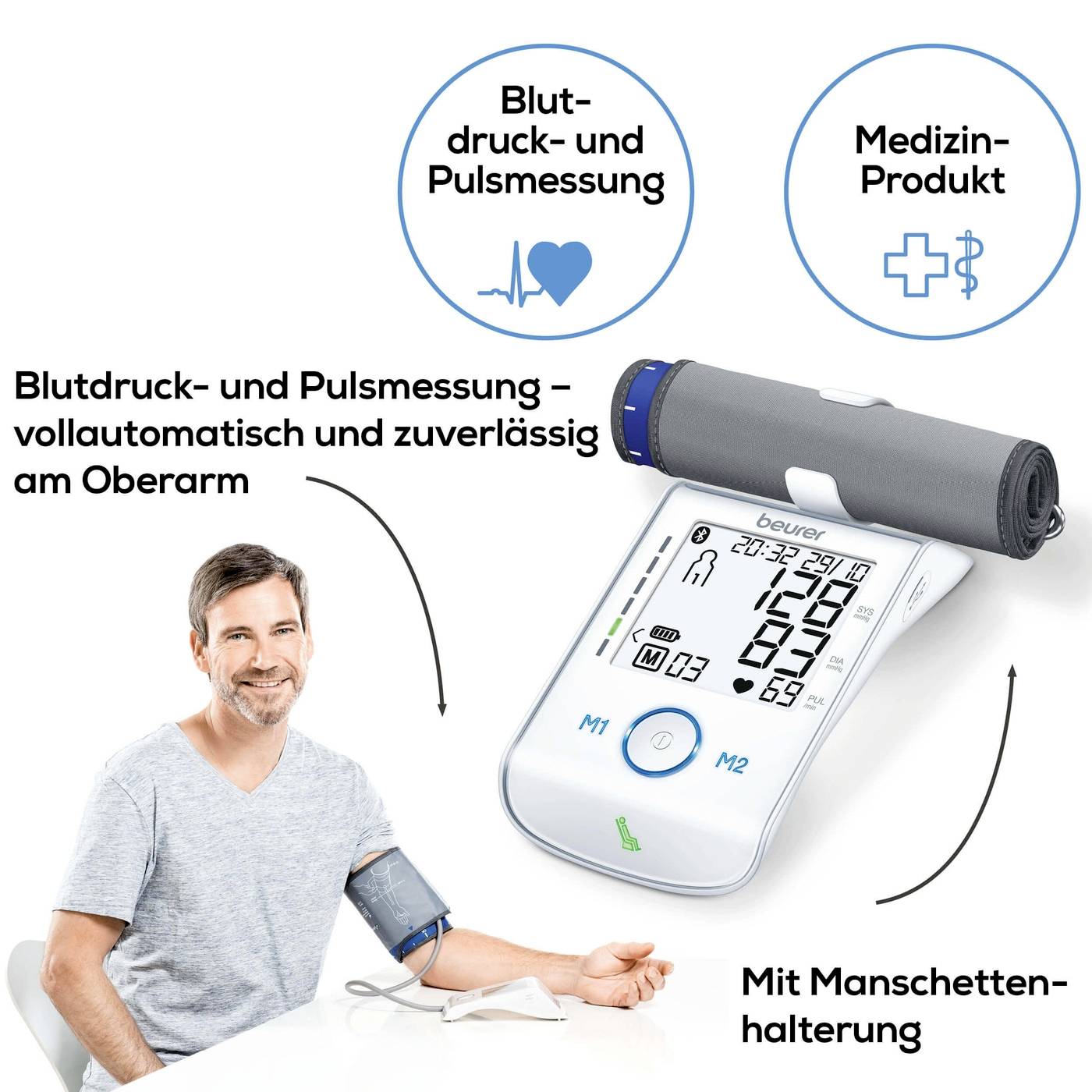 Mann misst Blutdruck mit einem digitalen Gerät am Oberarm. Das Gerät zeigt Messdaten an. Text: 'Blutdruck- und Pulsmessung vollautomatisch und zuverlässig'.