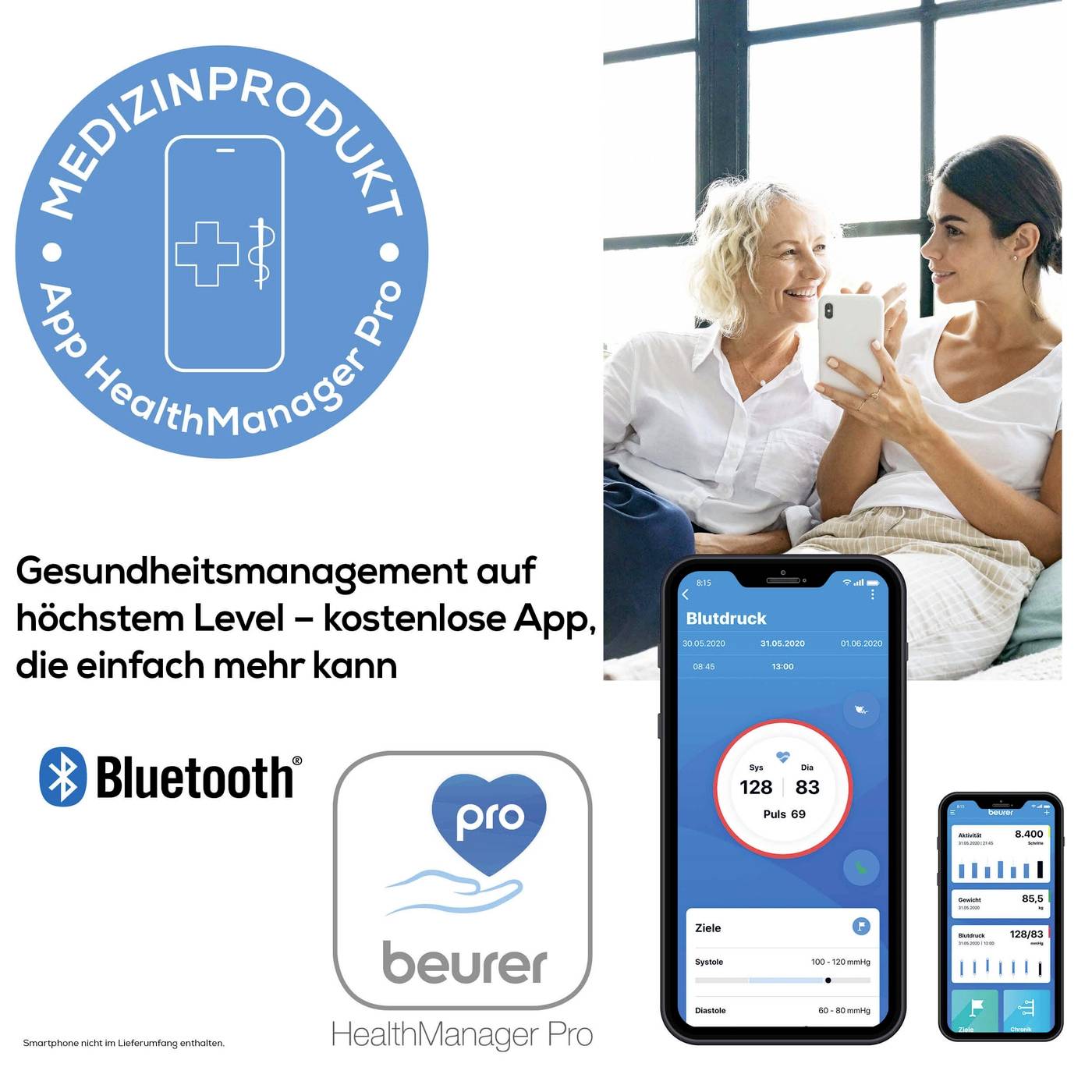Medizinlösung mit App 'HealthManager Pro'. Zeigt Blutdruckanzeige auf Smartphone. Text: Gesundheitsmanagement und Bluetooth-Unterstützung.