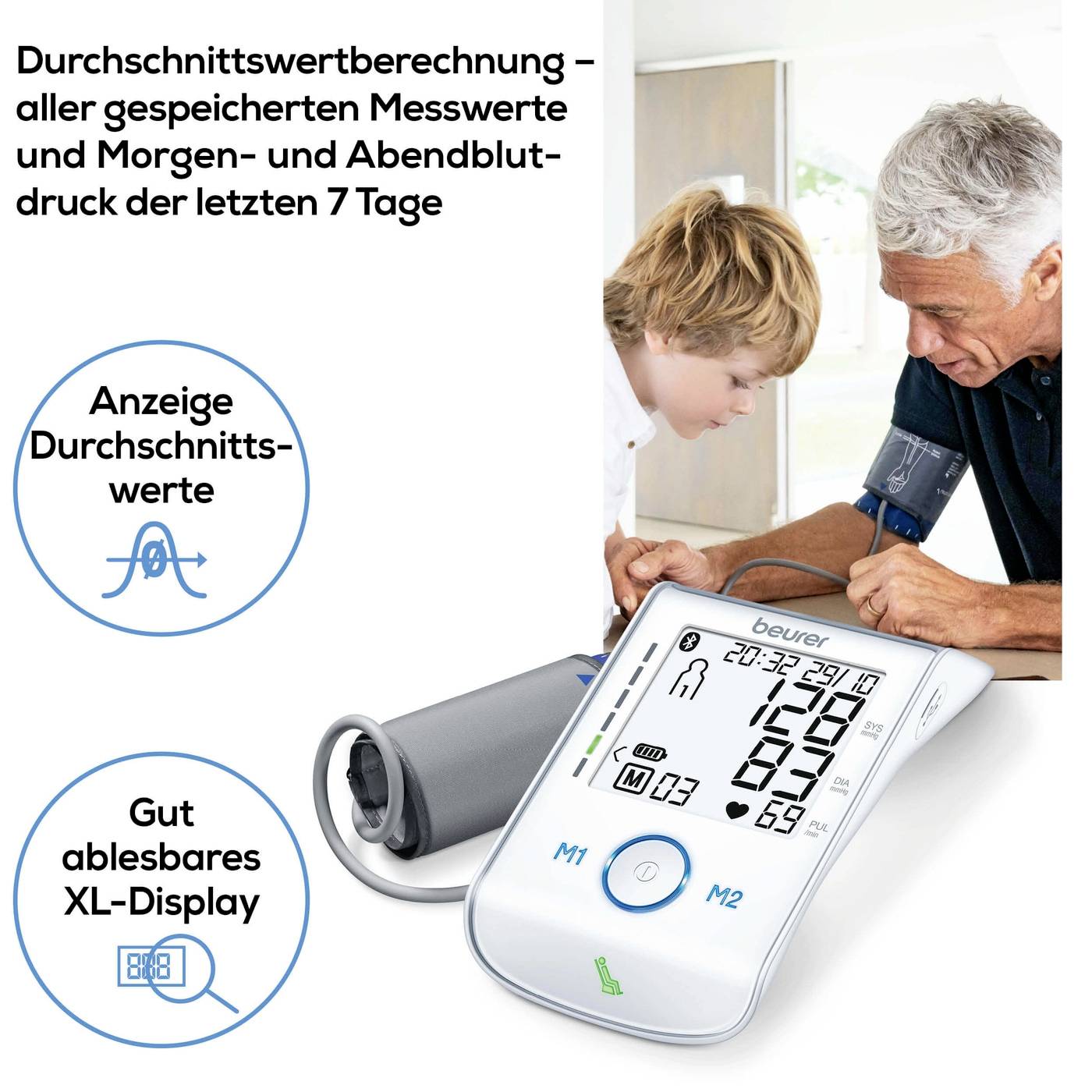 Ein älterer Mann misst mit einem Blutdruckmessgerät am Arm seinen Blutdruck, während ein Junge zuschaut. Das Gerät zeigt Werte auf einem großen Display.