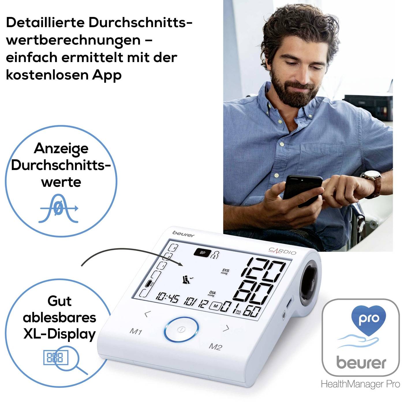 Ein Mann benutzt ein Blutdruckmessgerät. Text auf dem Bild betont detaillierte Durchschnittswerte und ein gut ablesbares XL-Display.