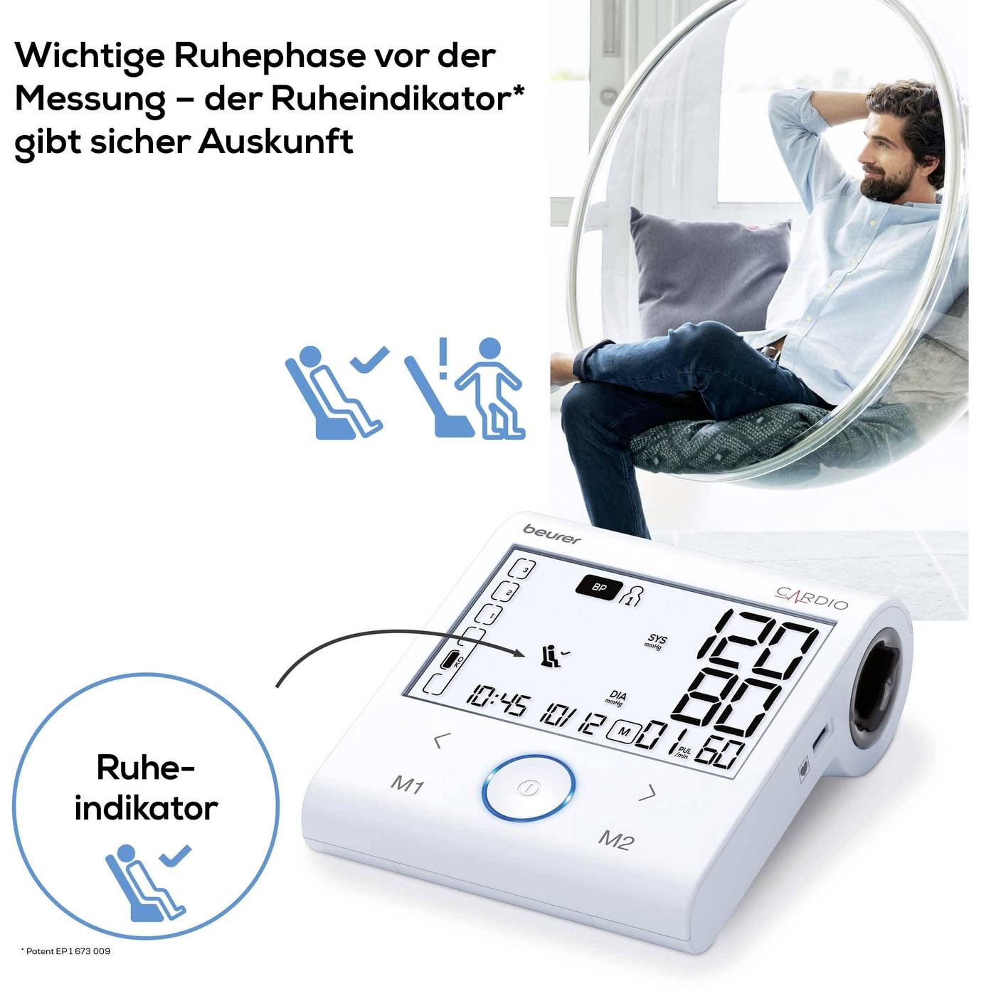 Ein Mann sitzt im Sessel neben einem Blutdruckmessgerät; Bild zeigt den 'Ruheindikator', der vor der Messung Sicherheit bietet.