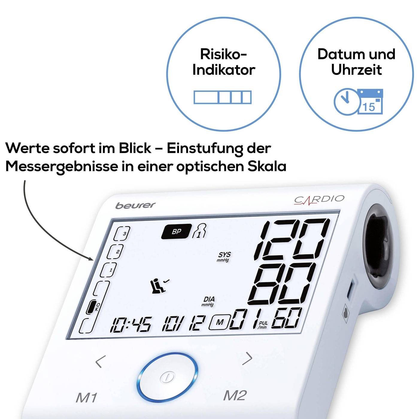 Blutdruckmessgerät mit digitalem Display. Zeigt systolischen und diastolischen Wert sowie Puls an. Knöpfe für Speicherplätze und Uhrzeit.