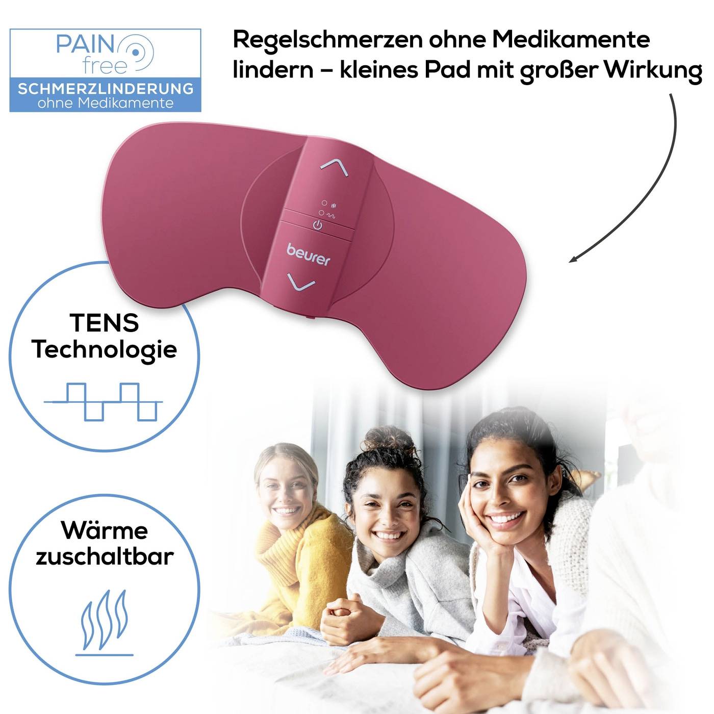 Rotes TENS-Pad zur Linderung von Regelschmerzen, zeigt Wärmefunktion. Drei lachende Personen sitzen zusammen, suggeriert entspannte Nutzung.