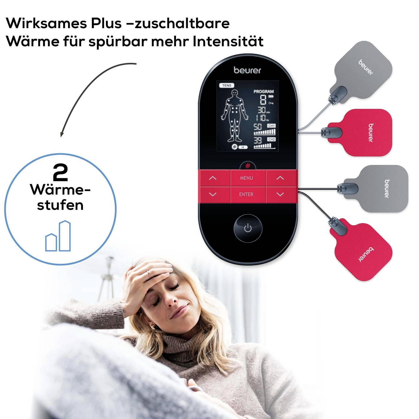 Eine Frau hält ihre Stirn. Daneben ein digitales Steuerungsgerät für Wärmepads mit der Aufschrift 'Wirksames Plus – zuschaltbare Wärme'.