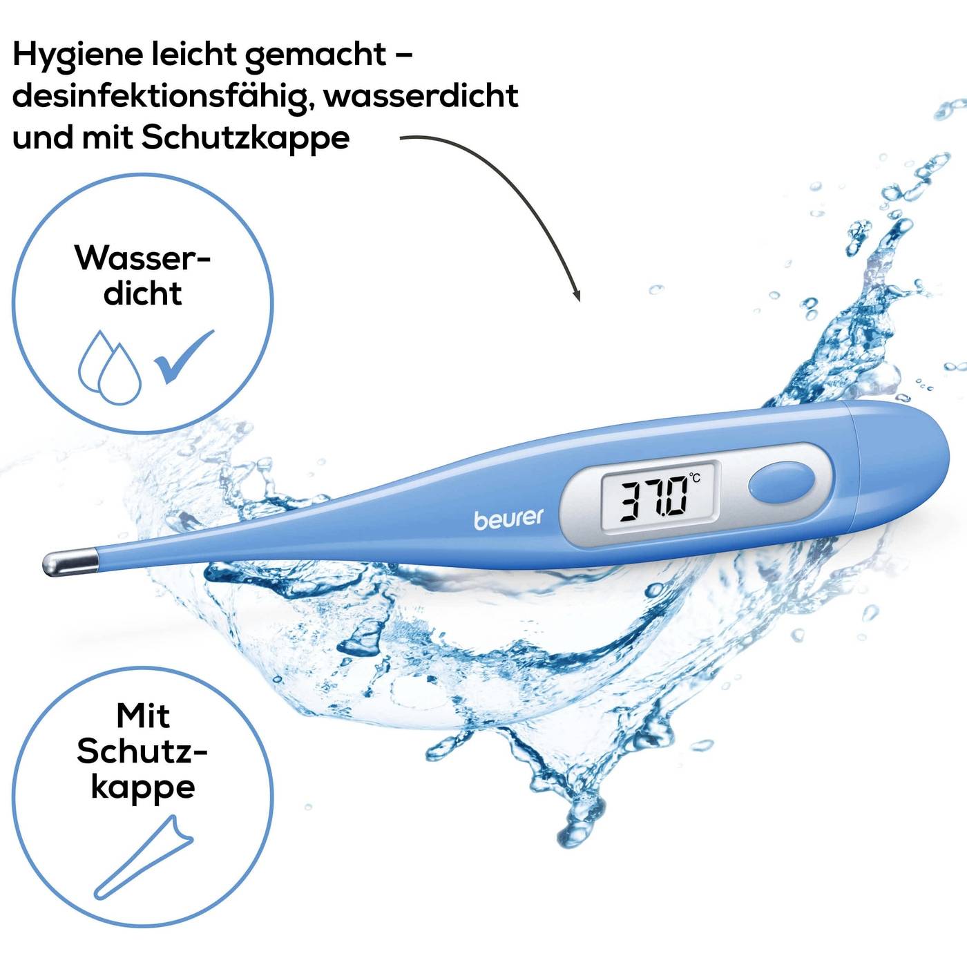 Digitales Thermometer in spritzendem Wasser mit Schutzkappe, zeigt '37.0°C' an. Text beschreibt wasser- und desinfektionsfähige Eigenschaften.
