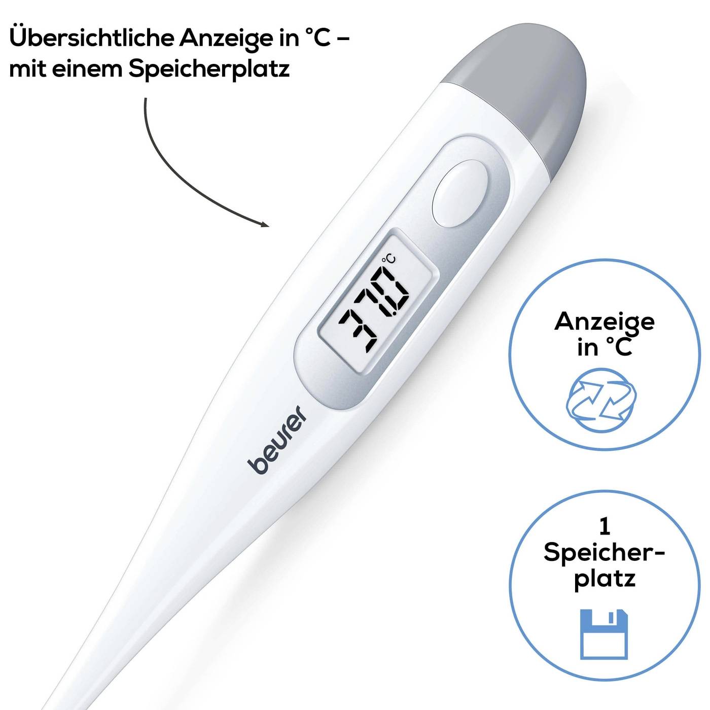 Ein digitales Thermometer zeigt eine Temperatur von 37,0 °C mit einer klaren Anzeige. Enthalten ist ein Speicherplatz für Messungen.