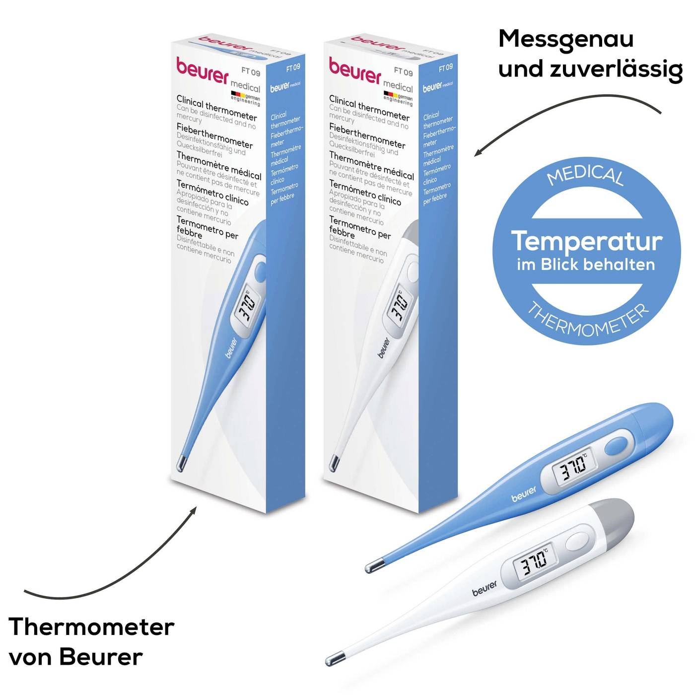 'Beurer Fieberthermometer' und Verpackung, beschreibt das Produkt als 'Messgenau und zuverlässig', blaue und weiße Farbtöne.