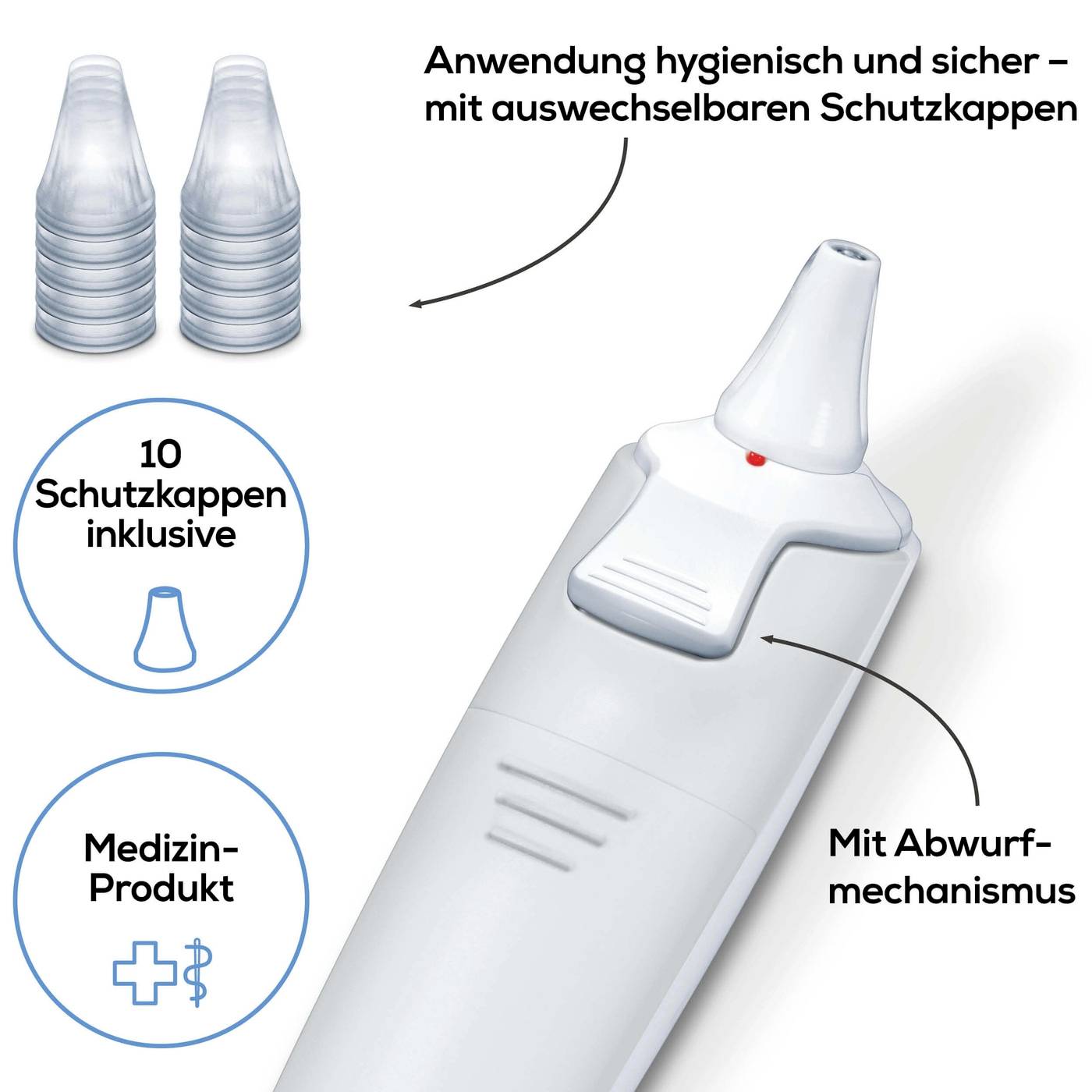 Ohrthermometer mit Einweg-Schutzkappen. Enthält zwei Schutzkappen und Aufbewahrungsmechanismus. Hygienische Anwendung. Medizinprodukt.