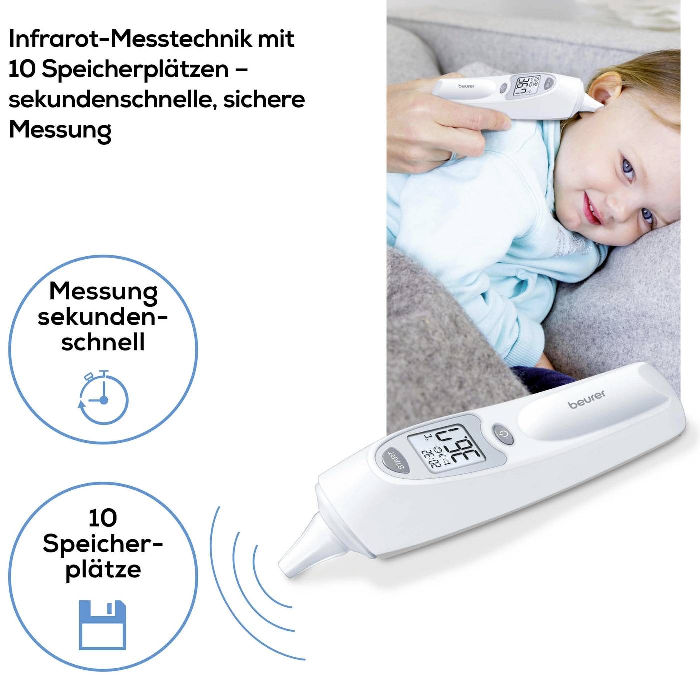 Kinderthermometer mit Infrarot-Technik. Schnelle Messung, 10 Speicherplätze. Kind wird an Ohr mit dem Gerät gemessen.