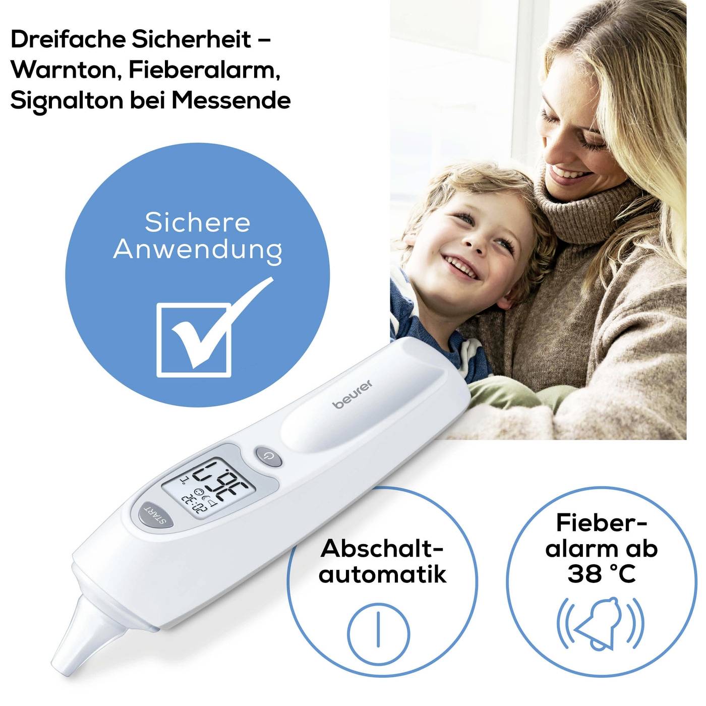 Ein Infrarotthermometer mit Alarmfunktion wird gezeigt. Eine Mutter hält ihr Kind, während das Gerät für sichere Anwendung wirbt.