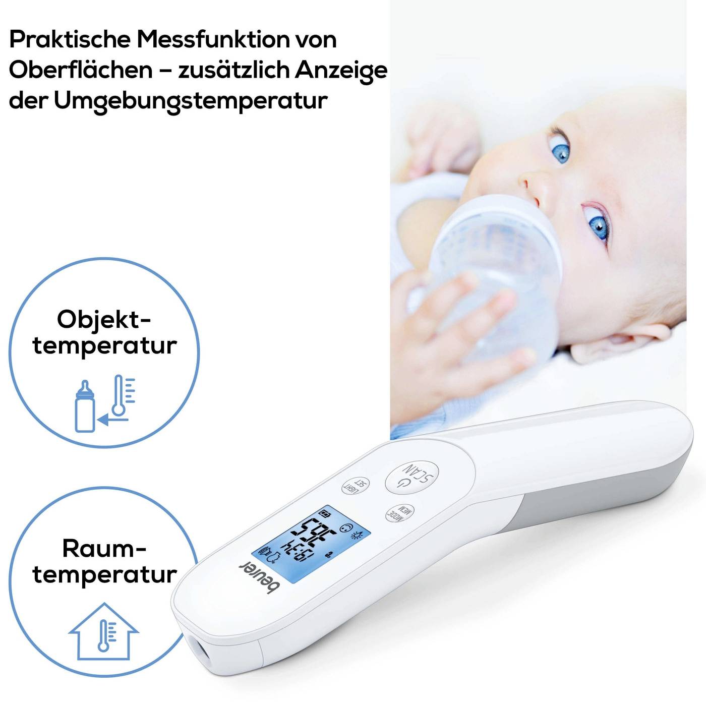 Ein Baby wird mit einer Flasche gefüttert. Ein digitales Thermometer zeigt 'Objekttemperatur' und 'Raumtemperatur' an.
