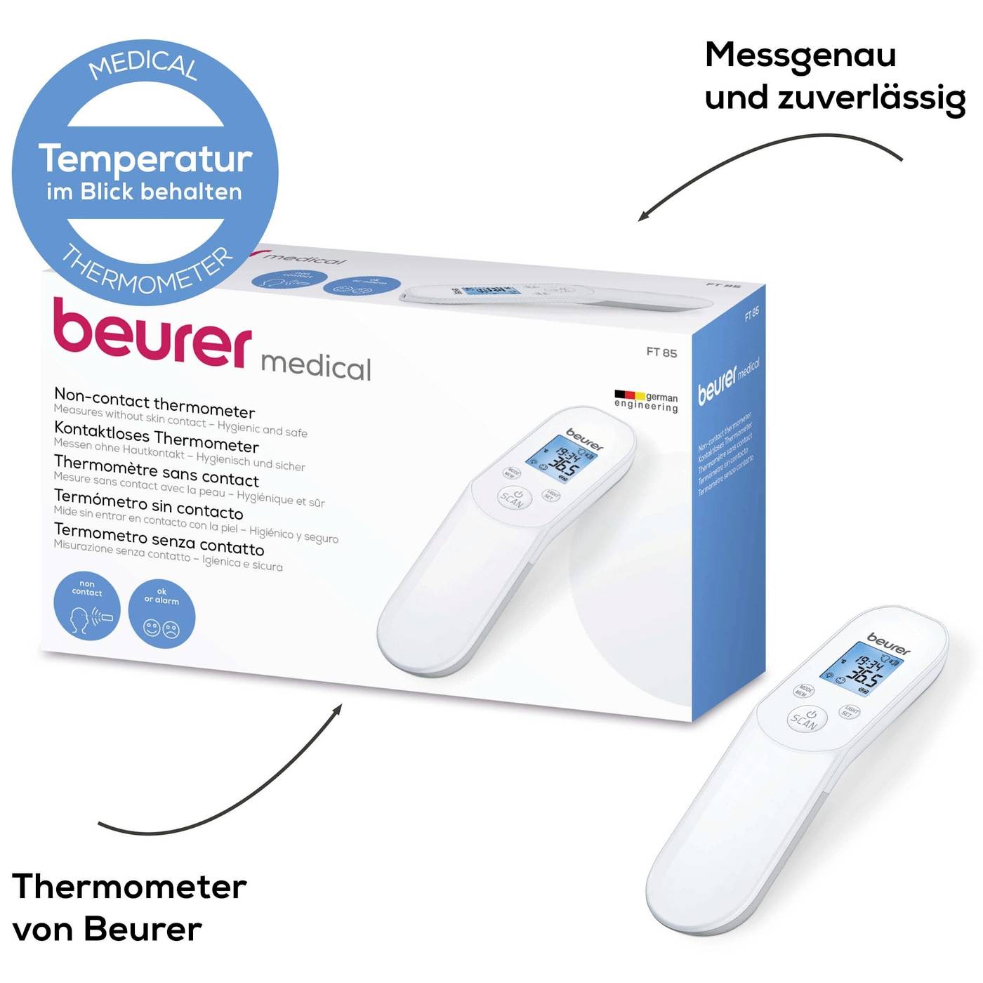 Thermometerverpackung der Marke Beurer, zeigt ein kontaktloses Thermometer. Text 'Messgenau und zuverlässig'.