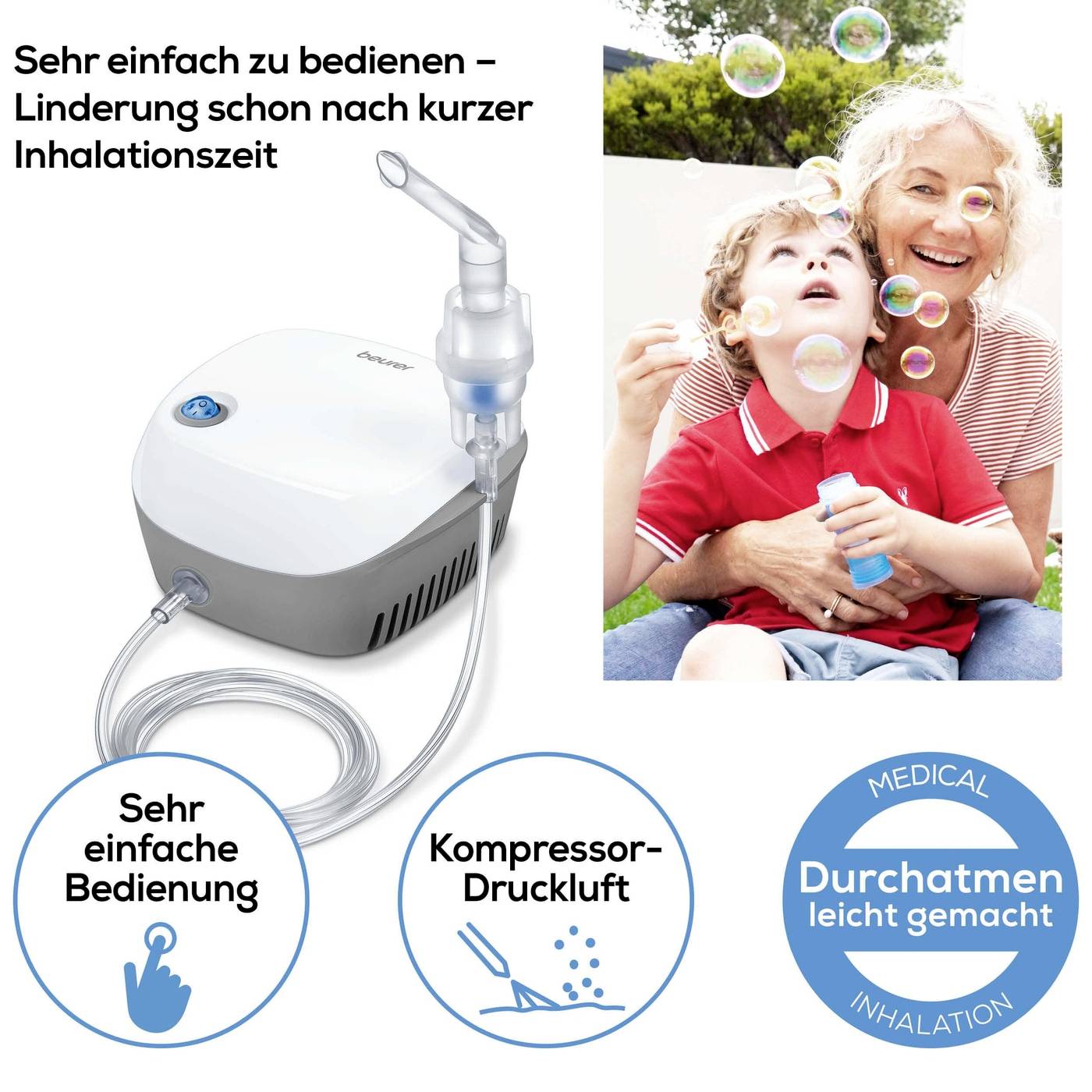 'Inhalationsgerät mit Kompressor-Druckluft. Einfach zu bedienen. Bild einer Frau und eines Kindes beim Seifenblasenmachen.'