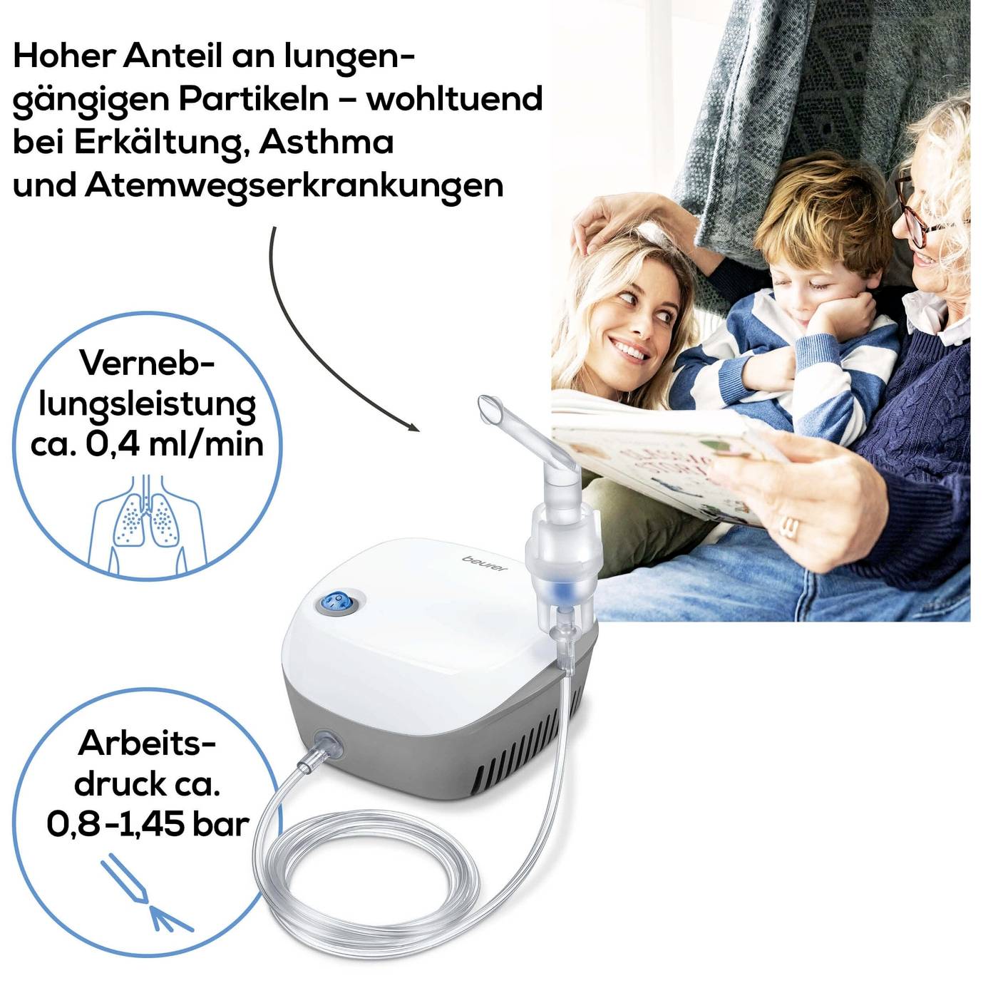 Junge Familie liest ein Buch. Text: 'Hoher Anteil an lungengängigen Partikeln – wohltuend bei Erkältung, Asthma und Atemwegserkrankungen'. Verneblergerät abgebildet.