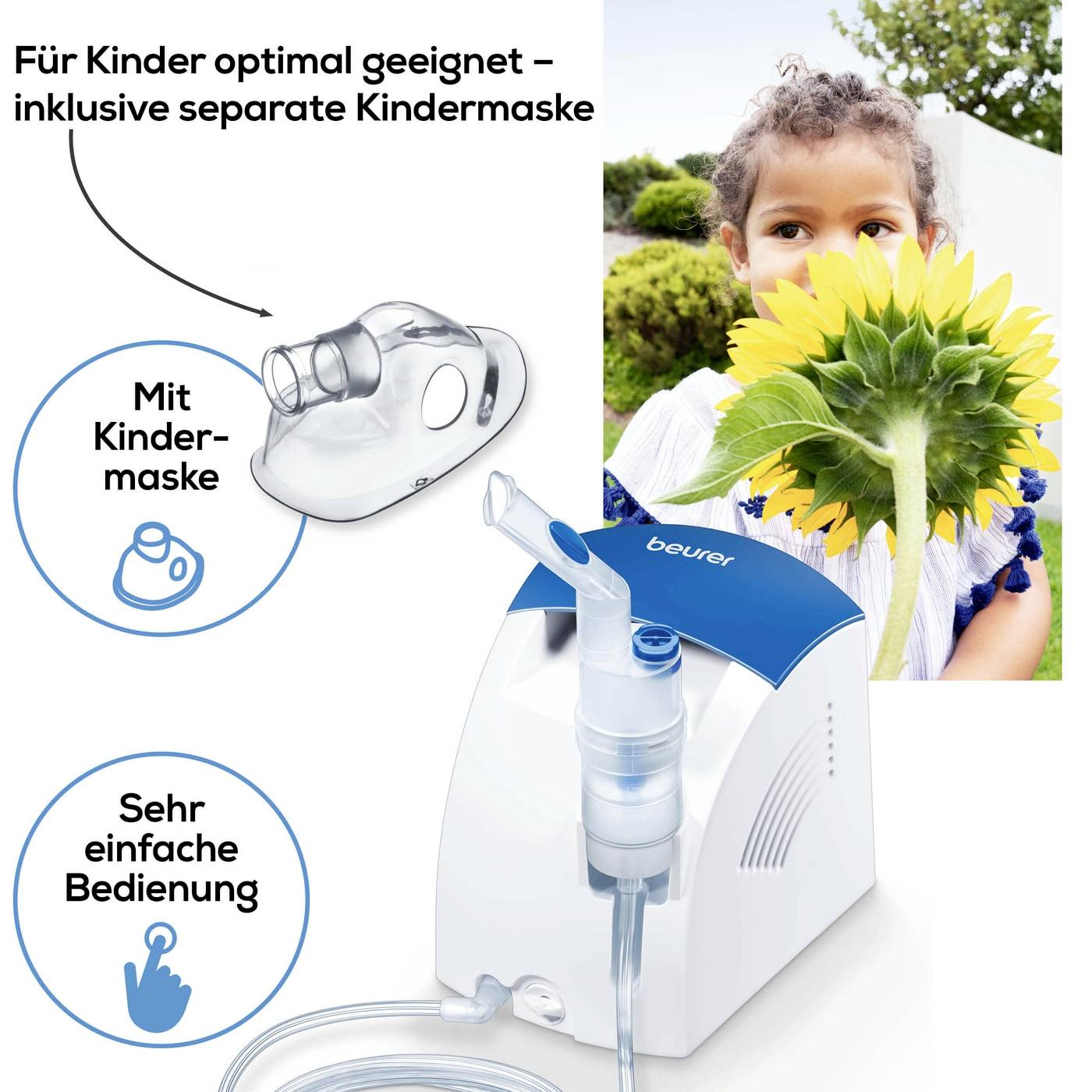 Kind mit Sonnenblume; Inhalator und Kindermaske daneben; Text oben links: 'Für Kinder optimal geeignet - inklusive separate Kindermaske'.