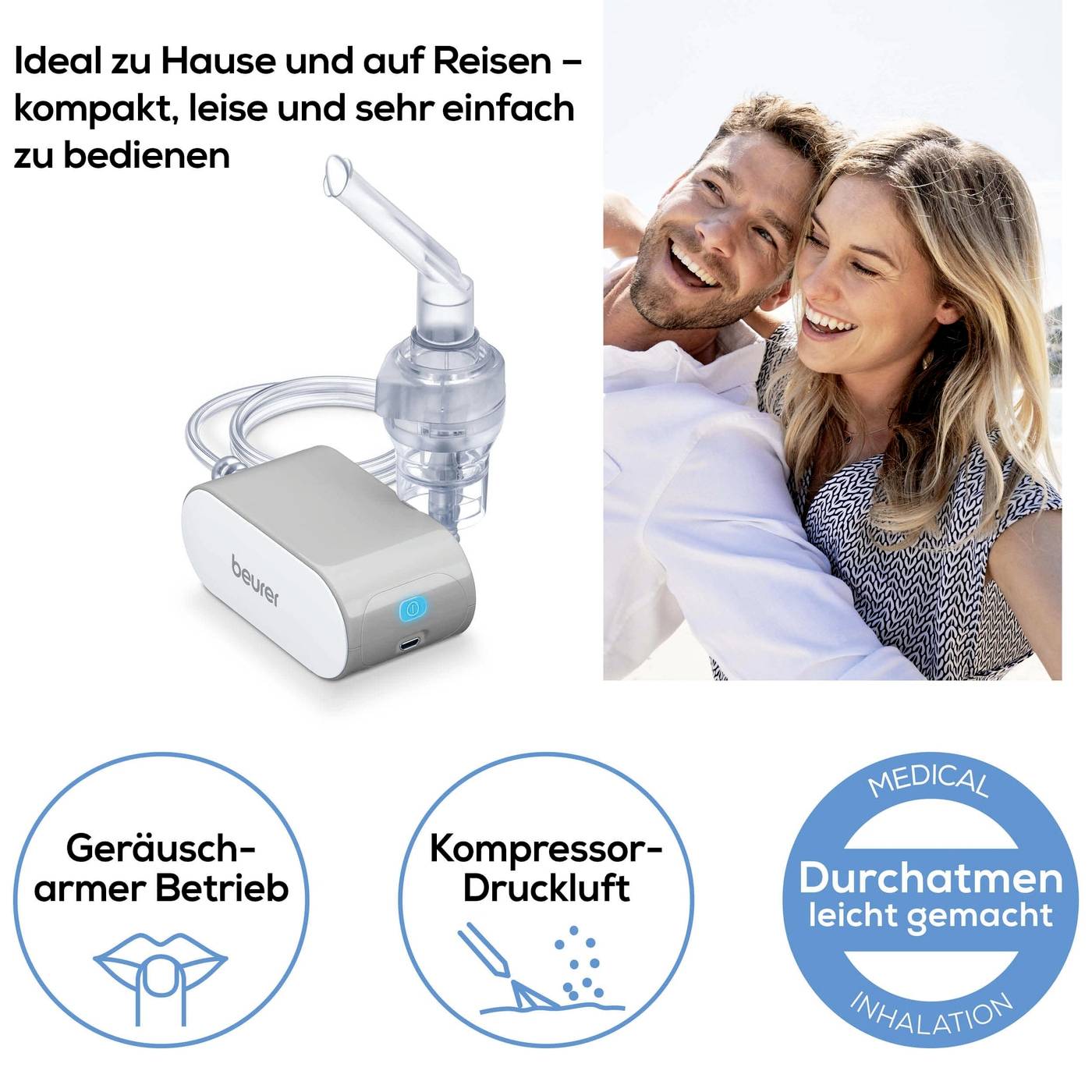 'Nebulisator ideal für zuhause und Reisen: kompakt, leise, einfach zu bedienen. Geräuscharmer Betrieb, Kompressor-Druckluft.'