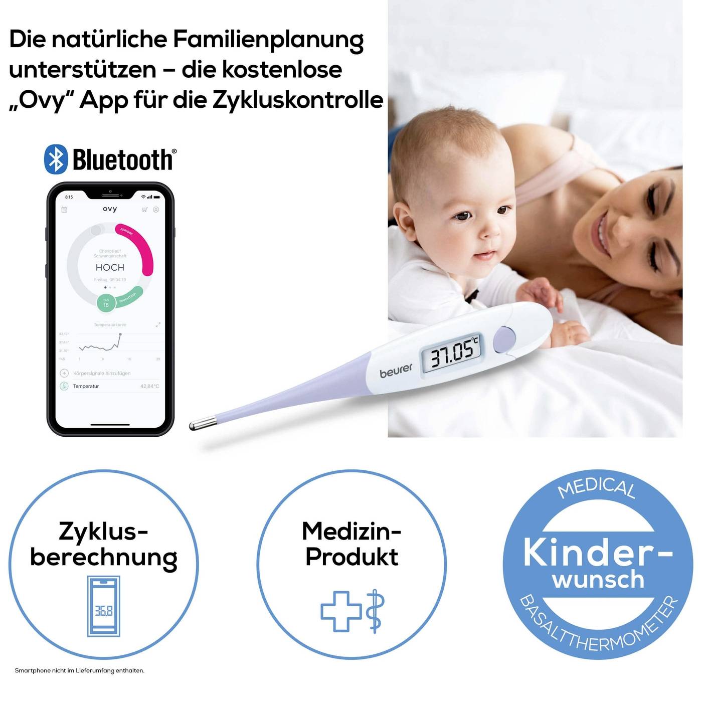 'Thermometer und App zur Zyklusüberwachung; Frau mit Baby; betont natürliche Familienplanung und Kinderwunschunterstützung.'