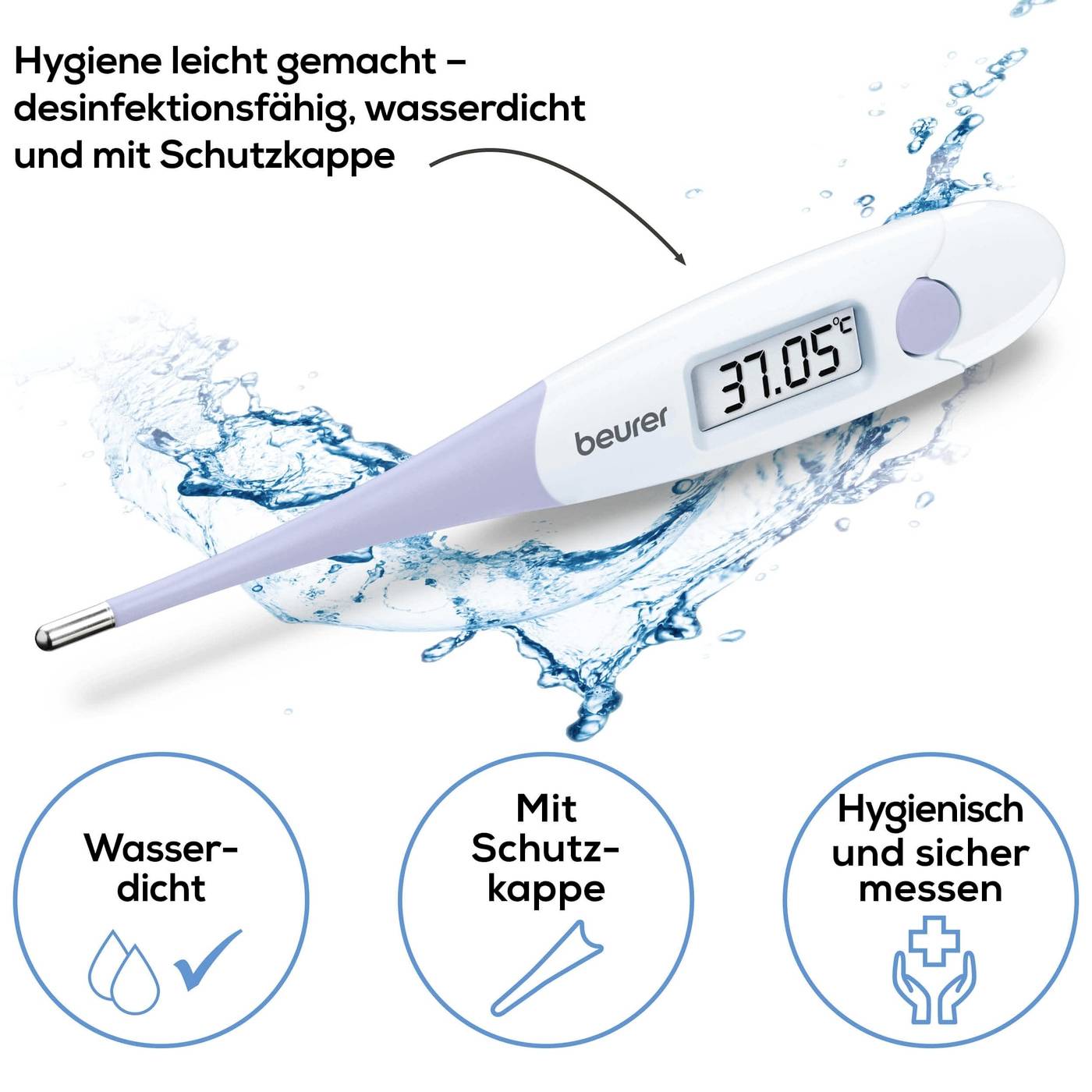 Digitalthermometer mit Schutzkappe, Display zeigt 37,0 °C. Text betont wasserdicht, desinfektionsfähig und hygienisch sicher.